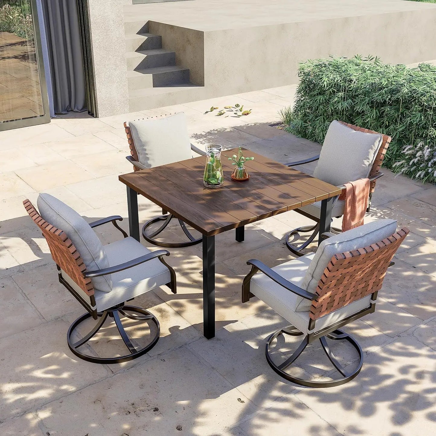 5 Piece Outdoor Dining Set with 4 Leather Look Wicker Swivel Patio Chairs and Square Woodgrain Dining Table