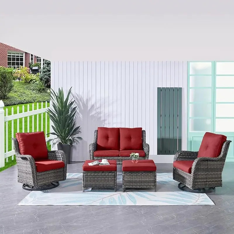 QWHumnuh 6 Pieces Outdoor Furniture Set PE Wicker Sofa with Swivel Rocking Chairs Ottomans and Coffee Table