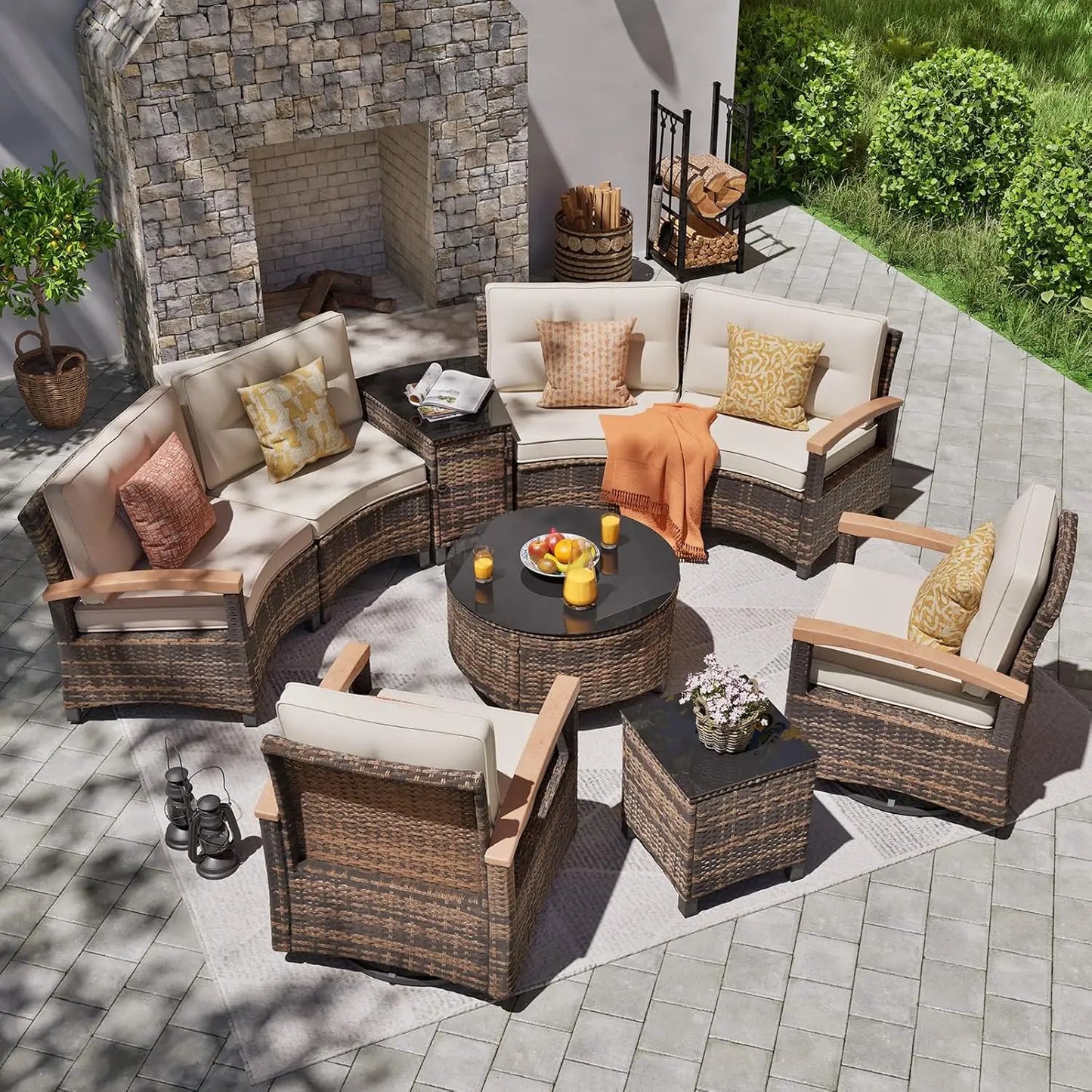 Multi Piece Outdoor Patio Furniture Sets Half Moon Curving Rattan Sofa Conversation Set