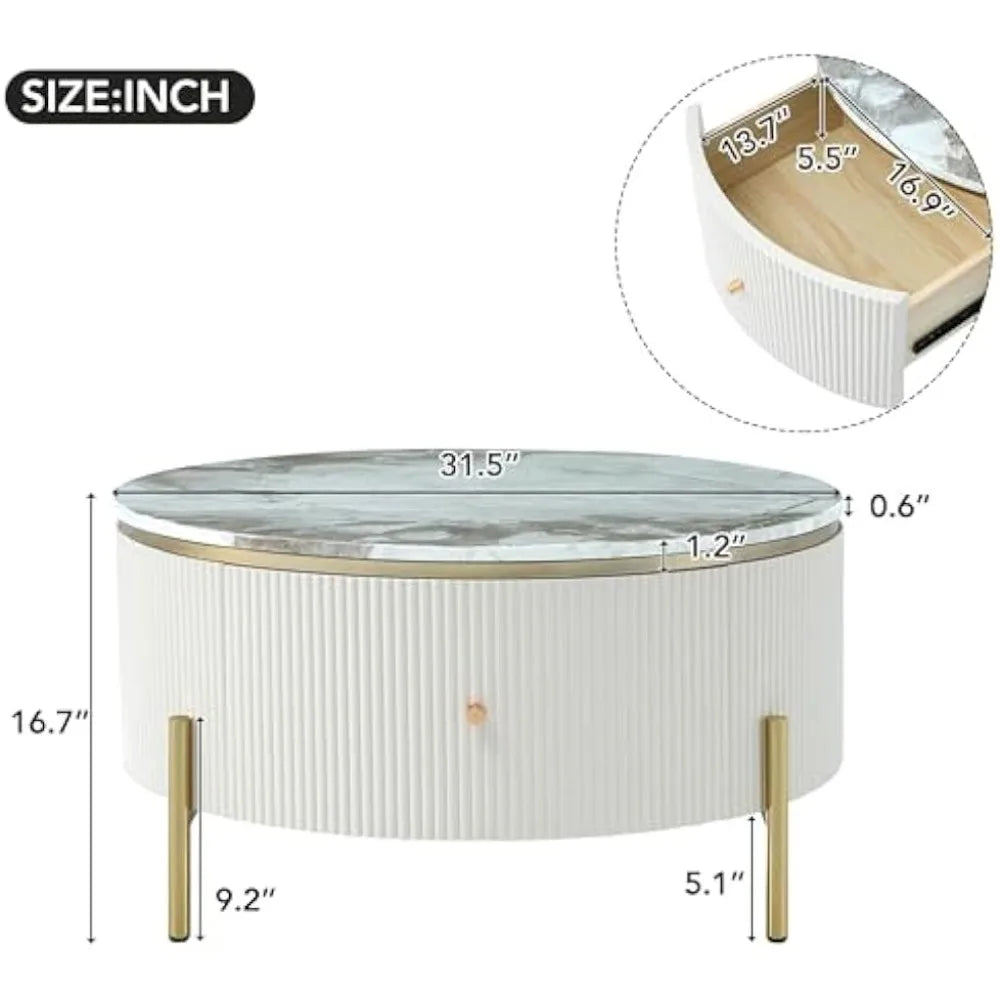 31.5 Inch Round Coffee Table with 2 Large Drawers Modern Marble Pattern and Golden Legs for Elegant Living Room