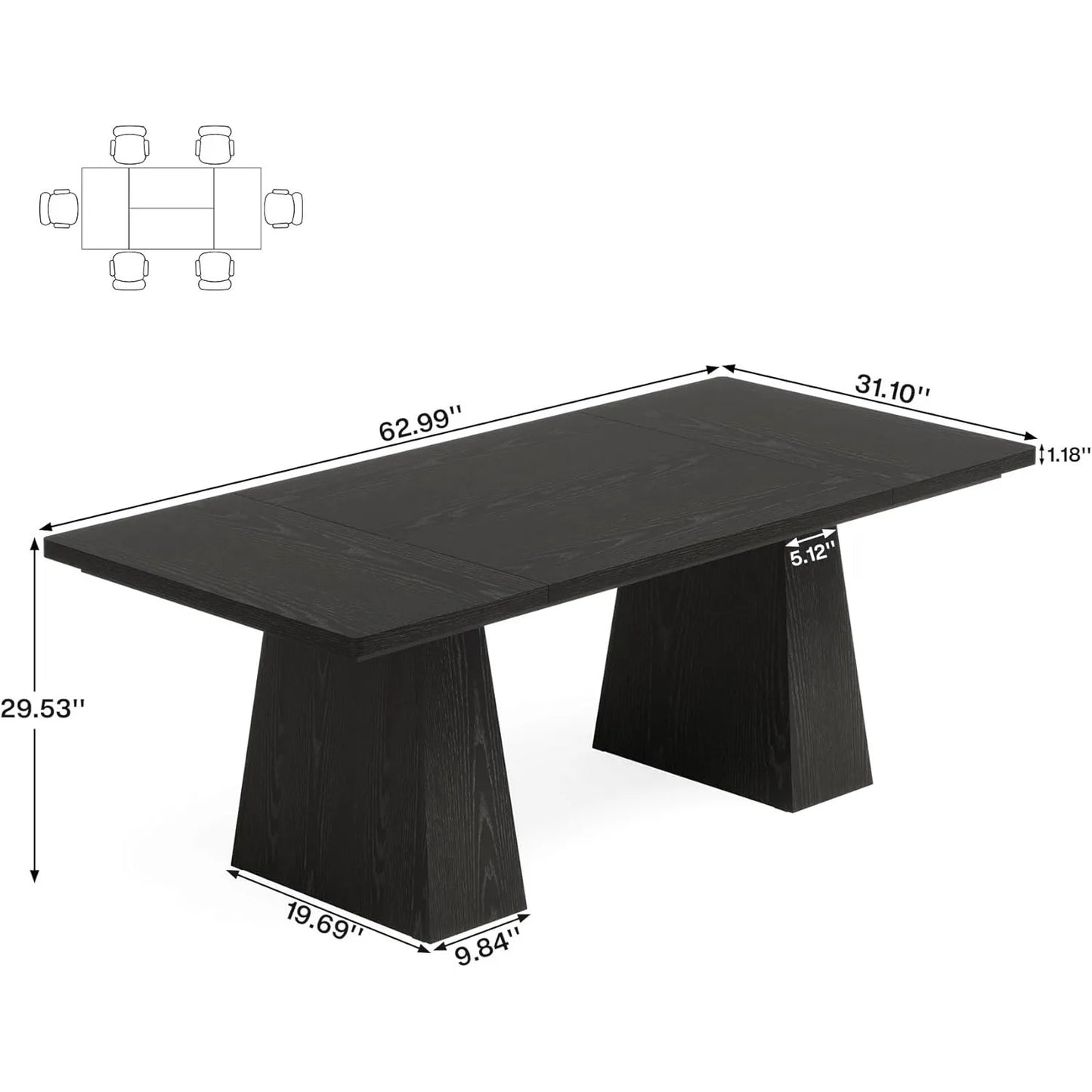 Little Tree Black Dining Table for 4 to 6 Modern Kitchen Table with Tapered Wood Legs for Dining Room and Living Room