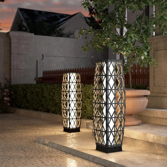 Medium Cindy Outdoor Solar Powered Woven Wicker Lantern Floor Lamp Decoration for Deck Garden Lawn Porch