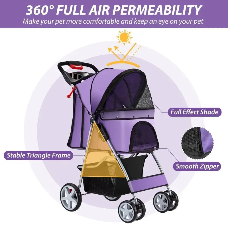 4 Wheels Pet Stroller for Small and Medium Dogs and Cats 33 Pounds Breathable Foldable Jogger Stroller with Storage Basket for Travel