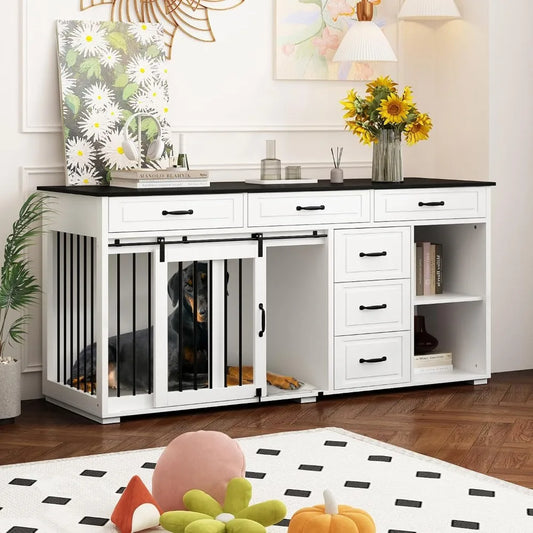 Extra Large Furniture Style Dog Crate with Drawers and Shelves 67 Inch Luxury Wooden Heavy Duty Single Room Dog Kennel Furniture