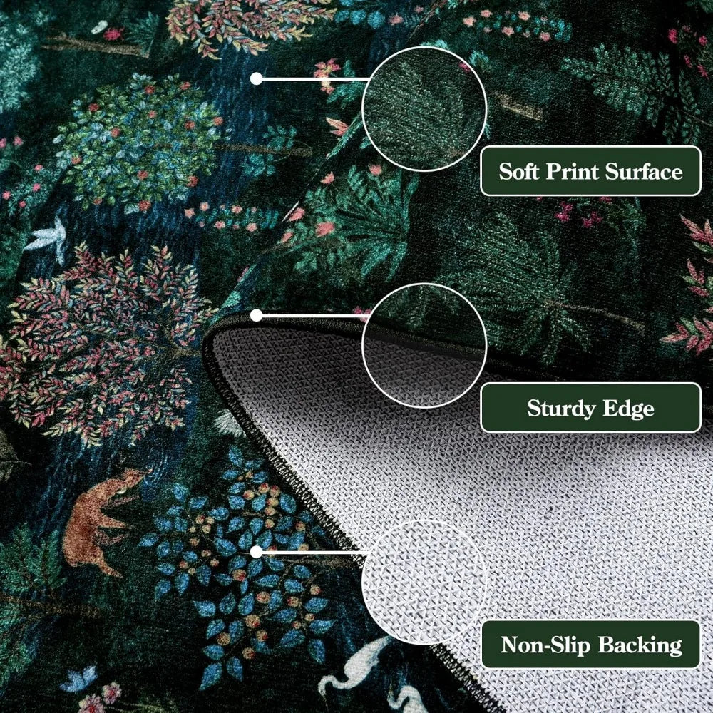 Forest Print Washable 8x10 Area Rugs Dark Green Non Slip Ultra Thin Soft Boho Floral Carpet for Living Room