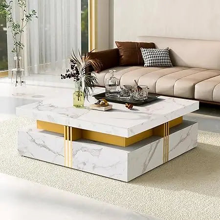 Modern Square Coffee Table with 4 Drawers Contemporary Luxury Center Table with Gold Accents