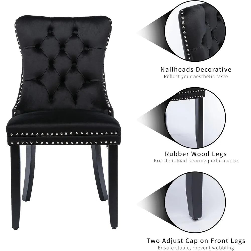 Black Velvet Dining Chairs Set of 4, Four Fabric Tufted Dinning Chairs, Velvet Upholstered, Wing Back,Metal Pull Ring