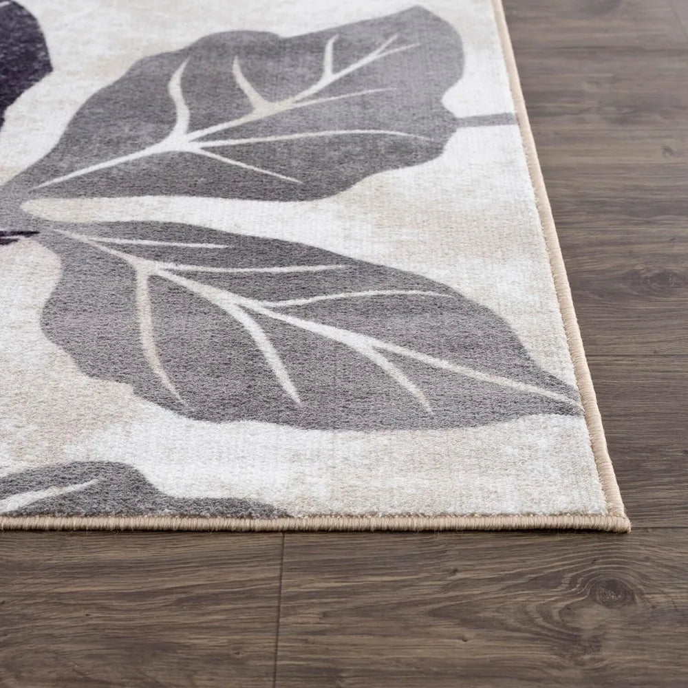 Solana Modern Floral Area Rug 6 Feet 7 Inches by 9 Feet Non Skid Rubber Backing Black Gray Flowers Indoor Rug