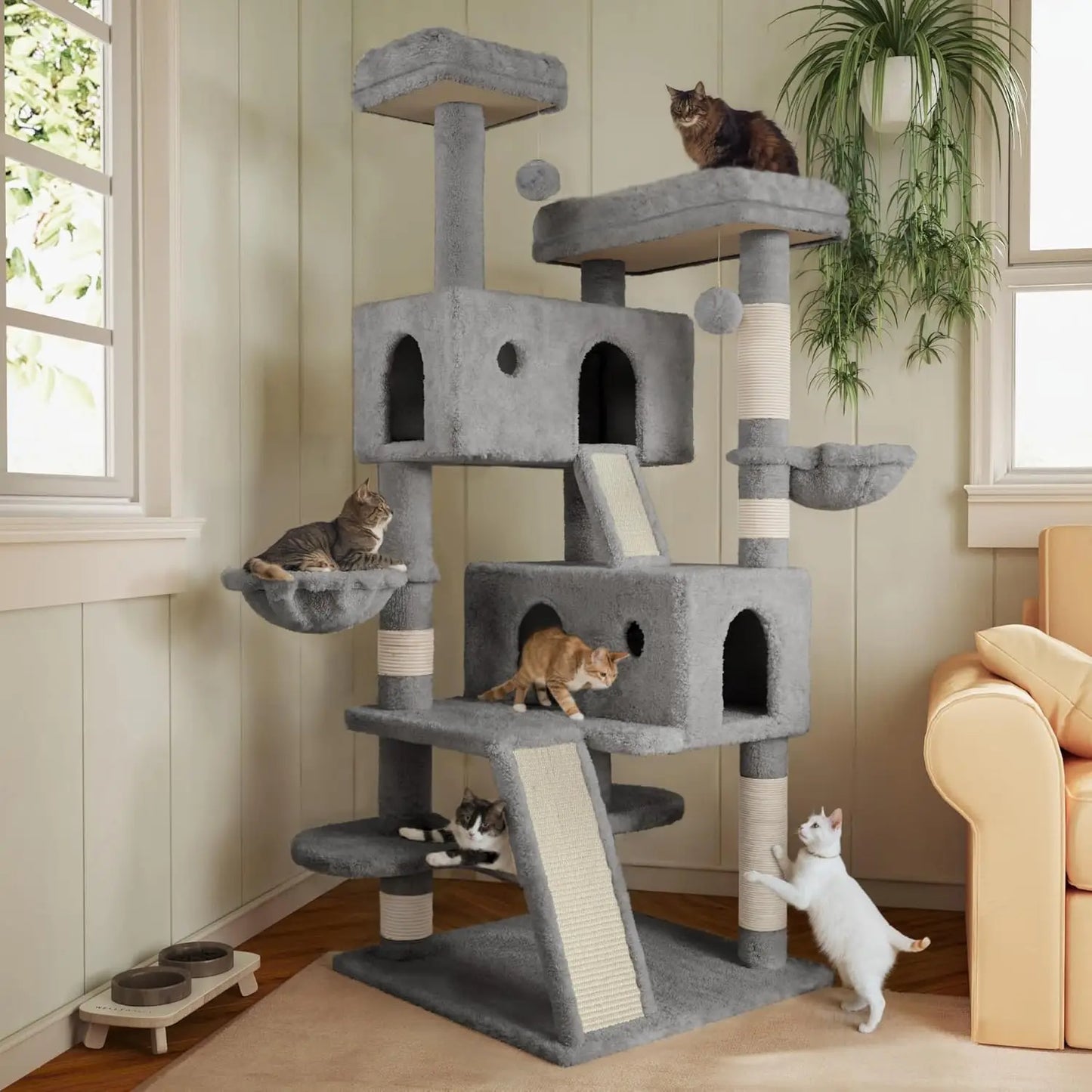 Multi Level Large Cat Tree Tower for Indoor Big Feline Cozy Plush Perches Condo Sisal Scratching Posts Hammock