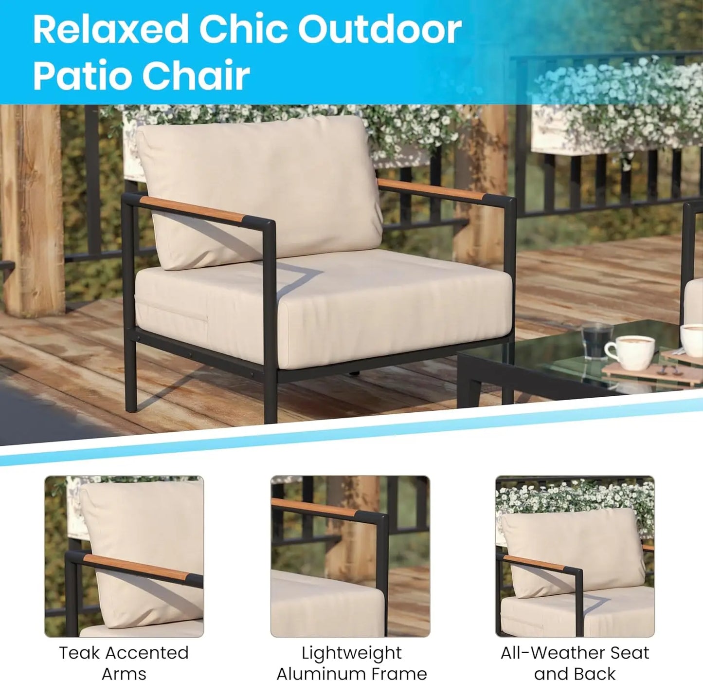 Lea Indoor/Outdoor Patio Chair with Cushions - Modern Aluminum Framed Chair
