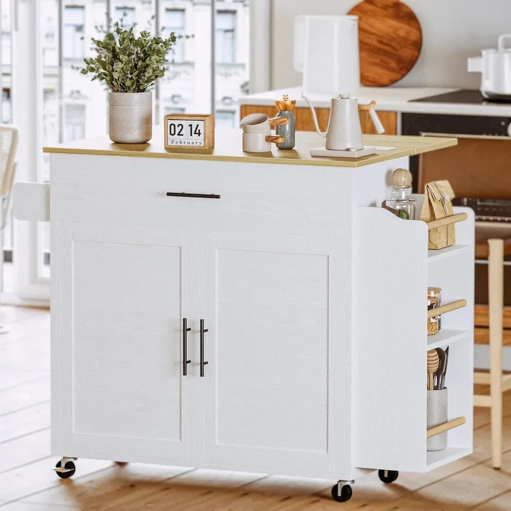 Kitchen Island with Storage Rolling Kitchen Island on Wheels with Drop Leaf Door Cabinet Drawer and 3 Open Spice Rack Shelves
