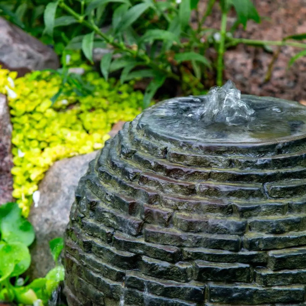 Stacked Sphere Outdoor Fountain Water Feature Garden Installation Lightweight Composite Realistic Look Fire Element Add On Kit