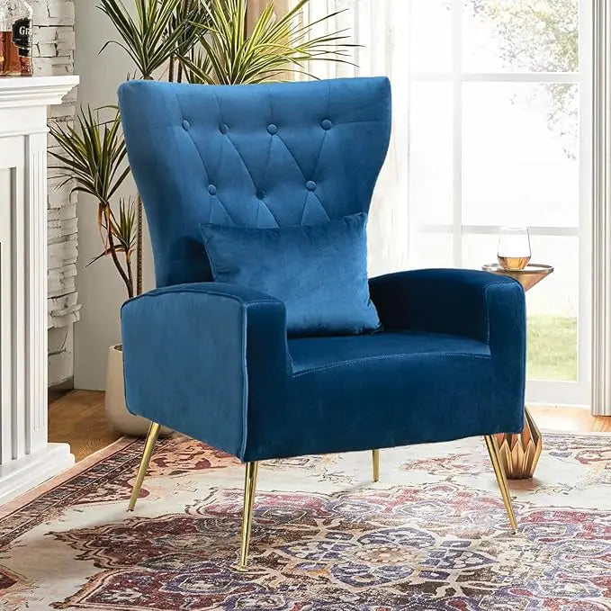Velvet Accent Arm Chair Mid Century Modern Living Room Chair Wingback Bedroom Side Chair with Gold Legs and Pillow Button Tufted