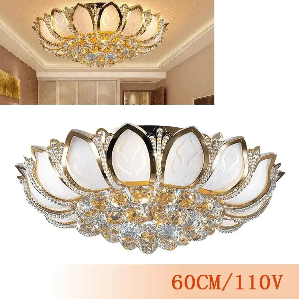 Modern Flush Mount Crystal Ceiling Light Lotus Chandelier for Bedroom and Living Room Lighting
