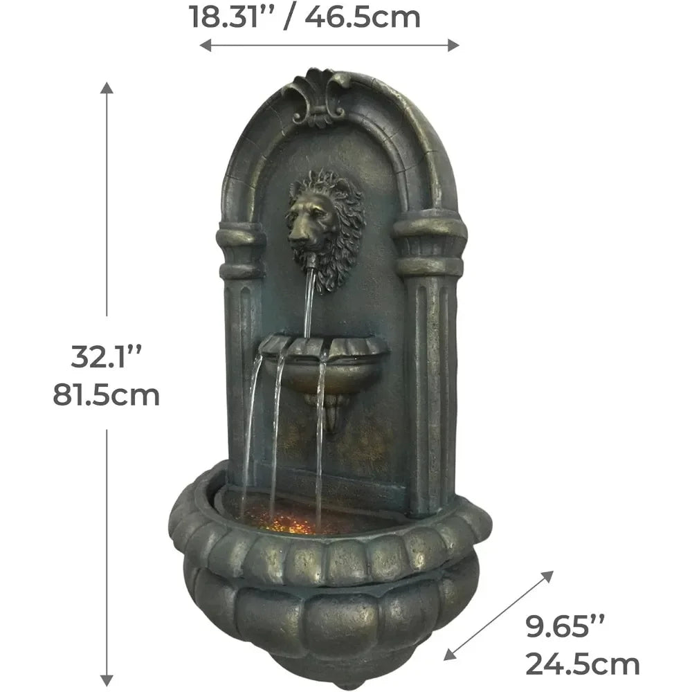 32.1 Inch Wall Mounted Lion Head Stone LED Outdoor Water Fountain for Gardens Patios Landscaping and Balconies