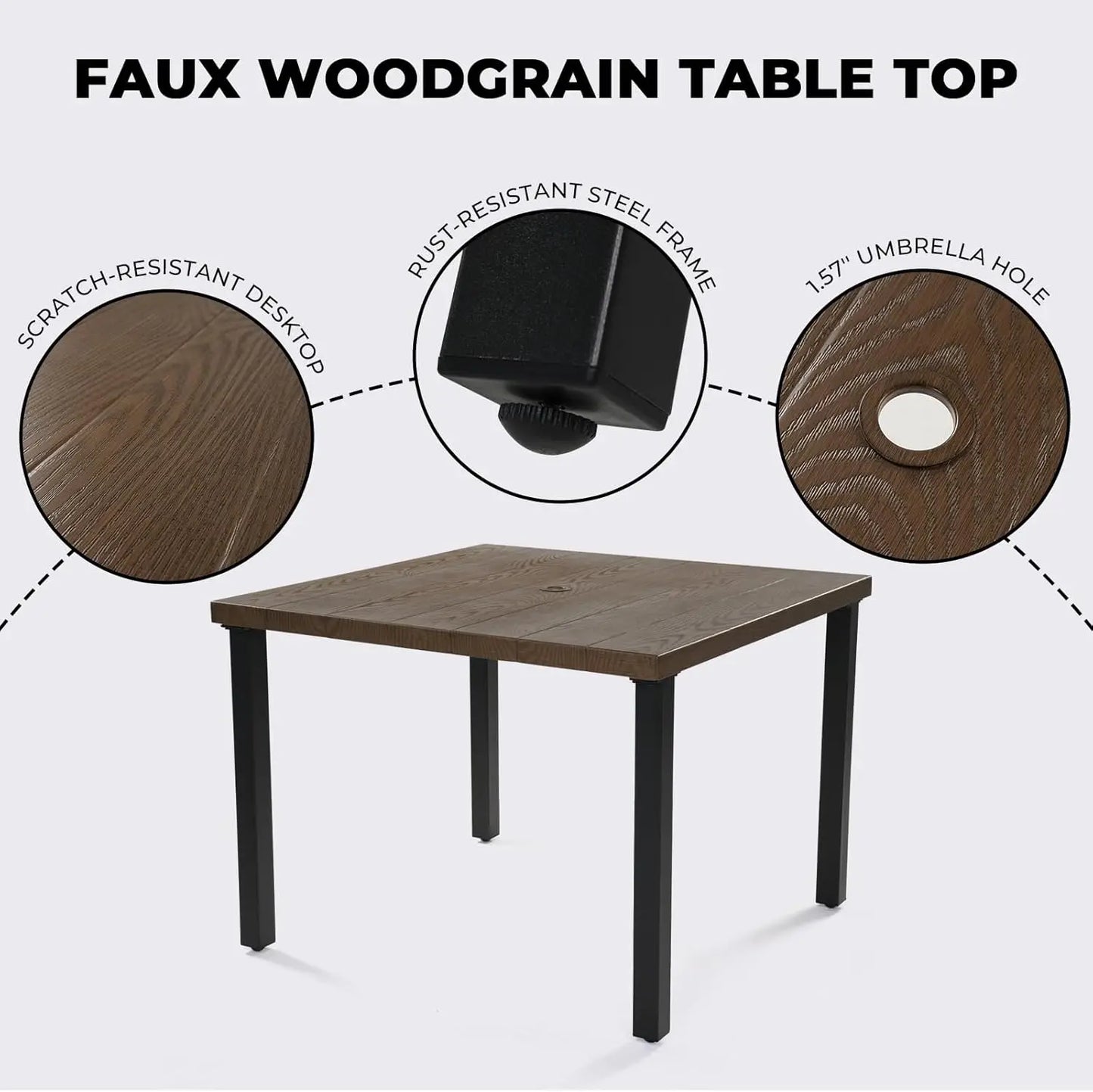 5 Piece Outdoor Dining Set with 4 Leather Look Wicker Swivel Patio Chairs and Square Woodgrain Dining Table