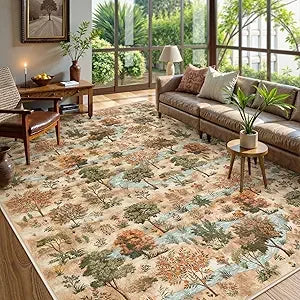 Forest Print Washable 8x10 Area Rugs Dark Green Non Slip Ultra Thin Soft Boho Floral Carpet for Living Room