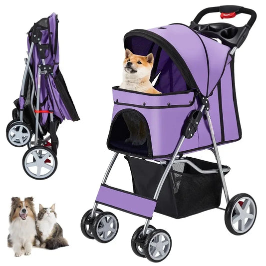 4 Wheels Pet Stroller for Small and Medium Dogs and Cats 33 Pounds Breathable Foldable Jogger Stroller with Storage Basket for Travel