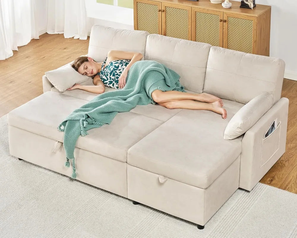Sofa Bed, Sofa Sleeper with Chaise, Pull Out Couch for Living Room, Off-White Leathaire,