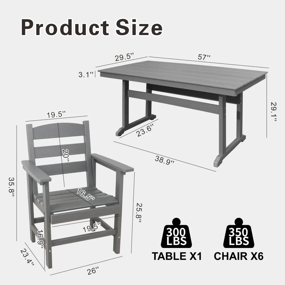 7 Piece HDPE Patio Outdoor Furniture Set for 6 with 51 Inch Dining Table and Chairs