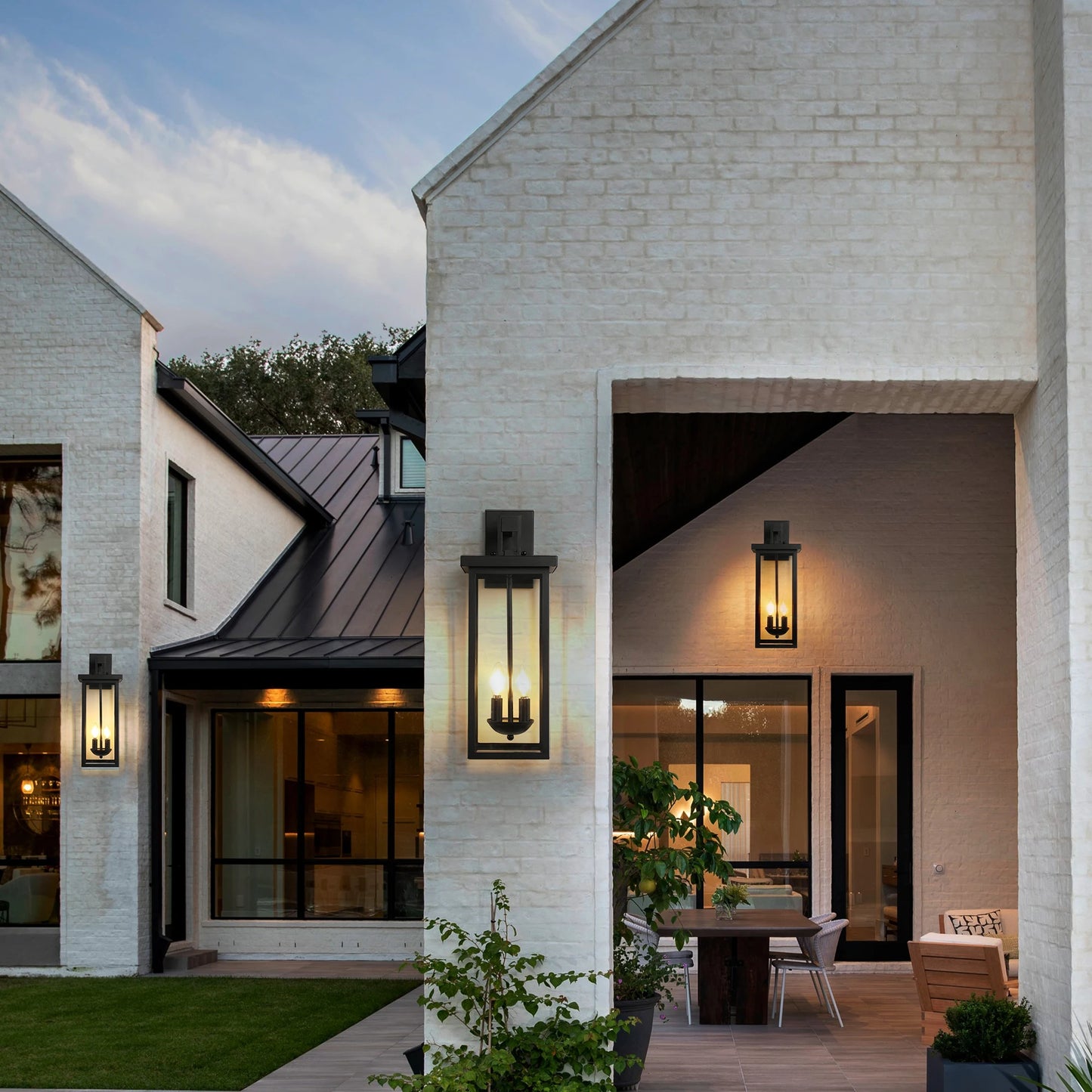 22 Inch Outdoor Wall Lantern with Dusk to Dawn Sensor Matte Black Finish Clear Glass Panels Weatherproof Exterior Light