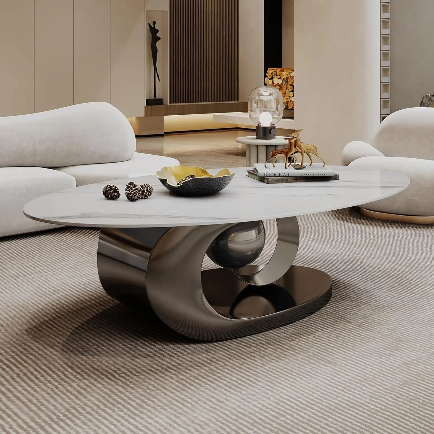 49.2 Inch Modern Oval Marble Coffee Table with Sturdy Metal Base Luxury Living Room Furniture