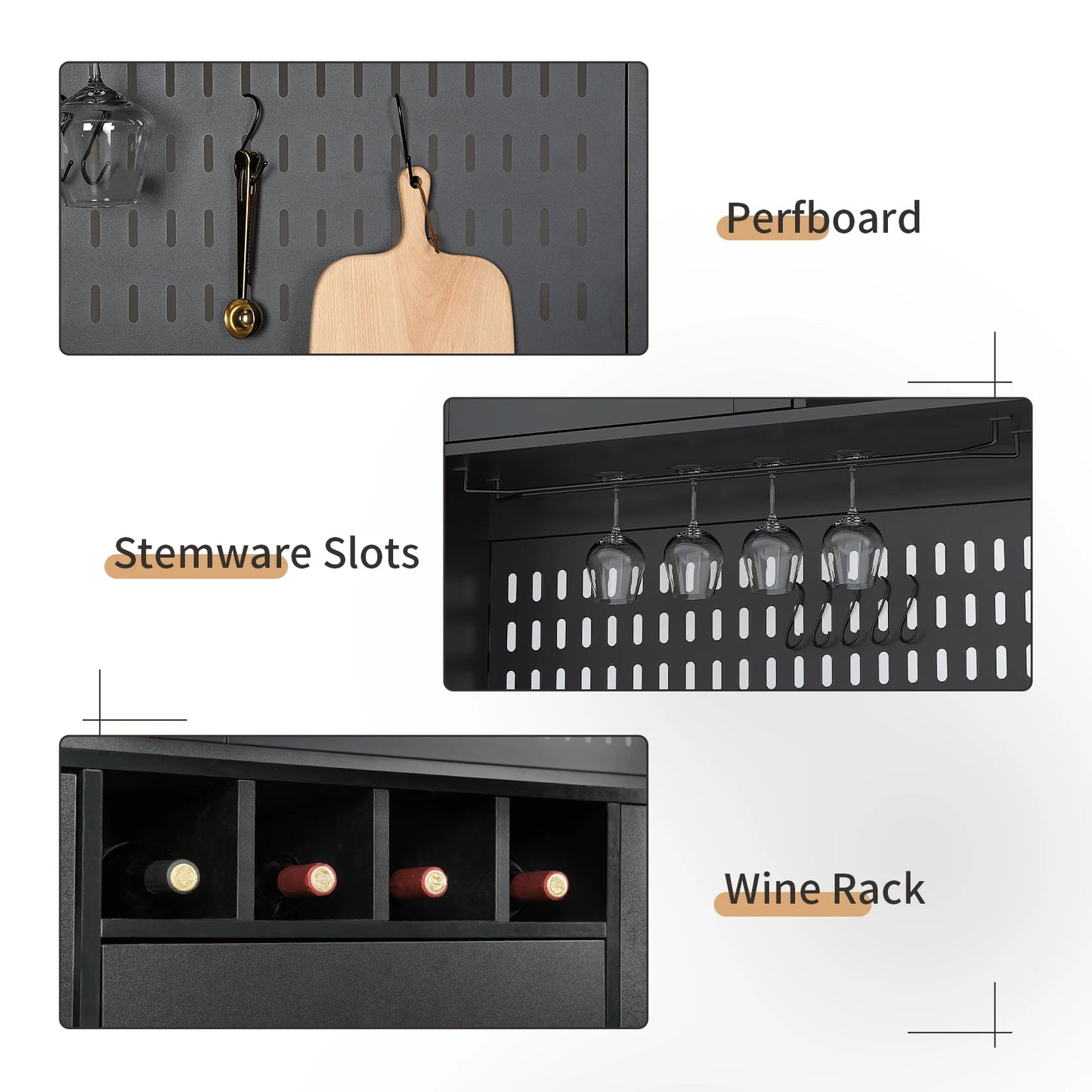 Pantry Cabinet Kitchen Storage Cabinet Freestanding Buffet Hutch with Pegboard Cup Holder Power Outlet Black