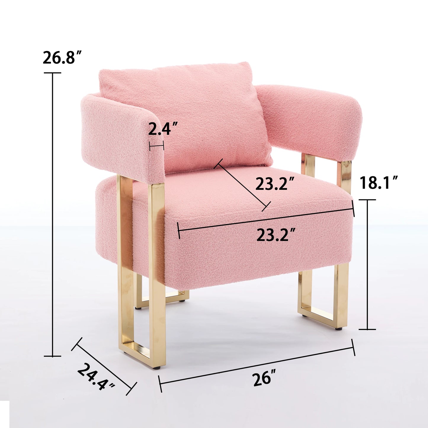 Set of 2 Pink Teddy Velvet Side Sofa with Gold Legs Tufted Plush Upholstered Reading Armchair with Lumbar Pillow Living Room Furniture