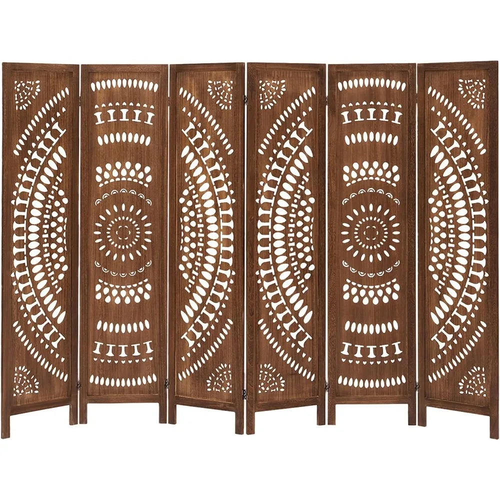 6 Panel Wood Room Divider Fully Assembled, Carved Boho Room Dividers and Folding Screens, 5.6Ft Room Divider Screen Freestanding