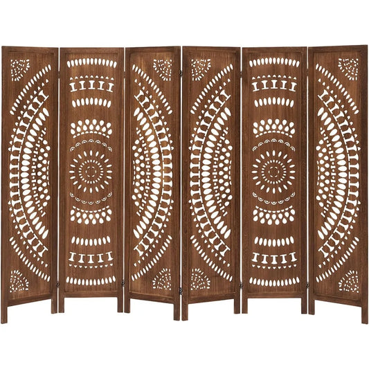 6 Panel Wood Room Divider Fully Assembled, Carved Boho Room Dividers and Folding Screens, 5.6Ft Room Divider Screen Freestanding