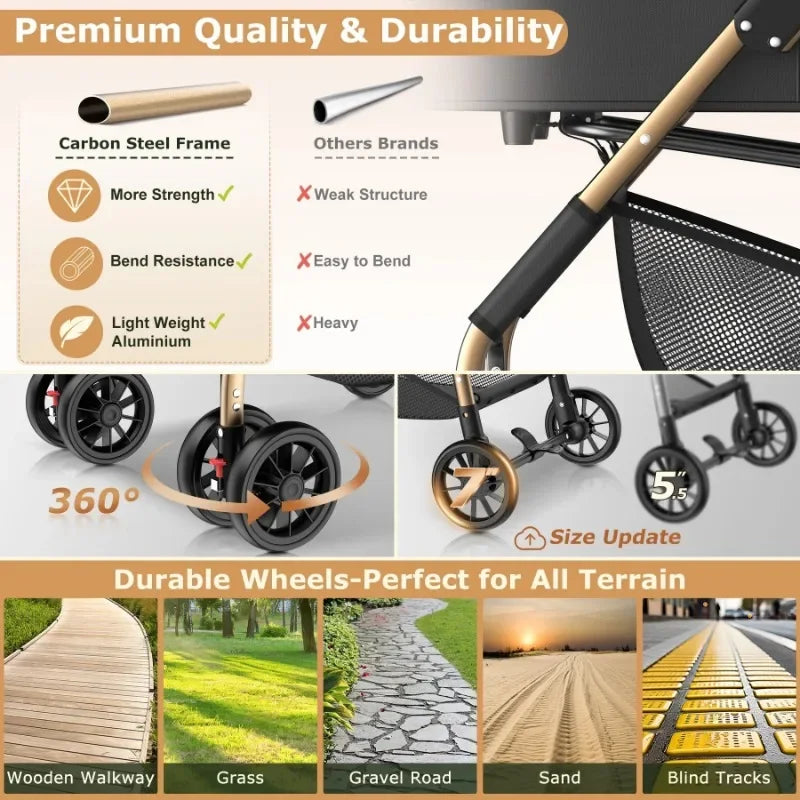 Pet Stroller with Four Wheels Foldable Pet Travel Carrier for Small Medium Dogs Cats up to 55 Pounds Detachable Basket Removable