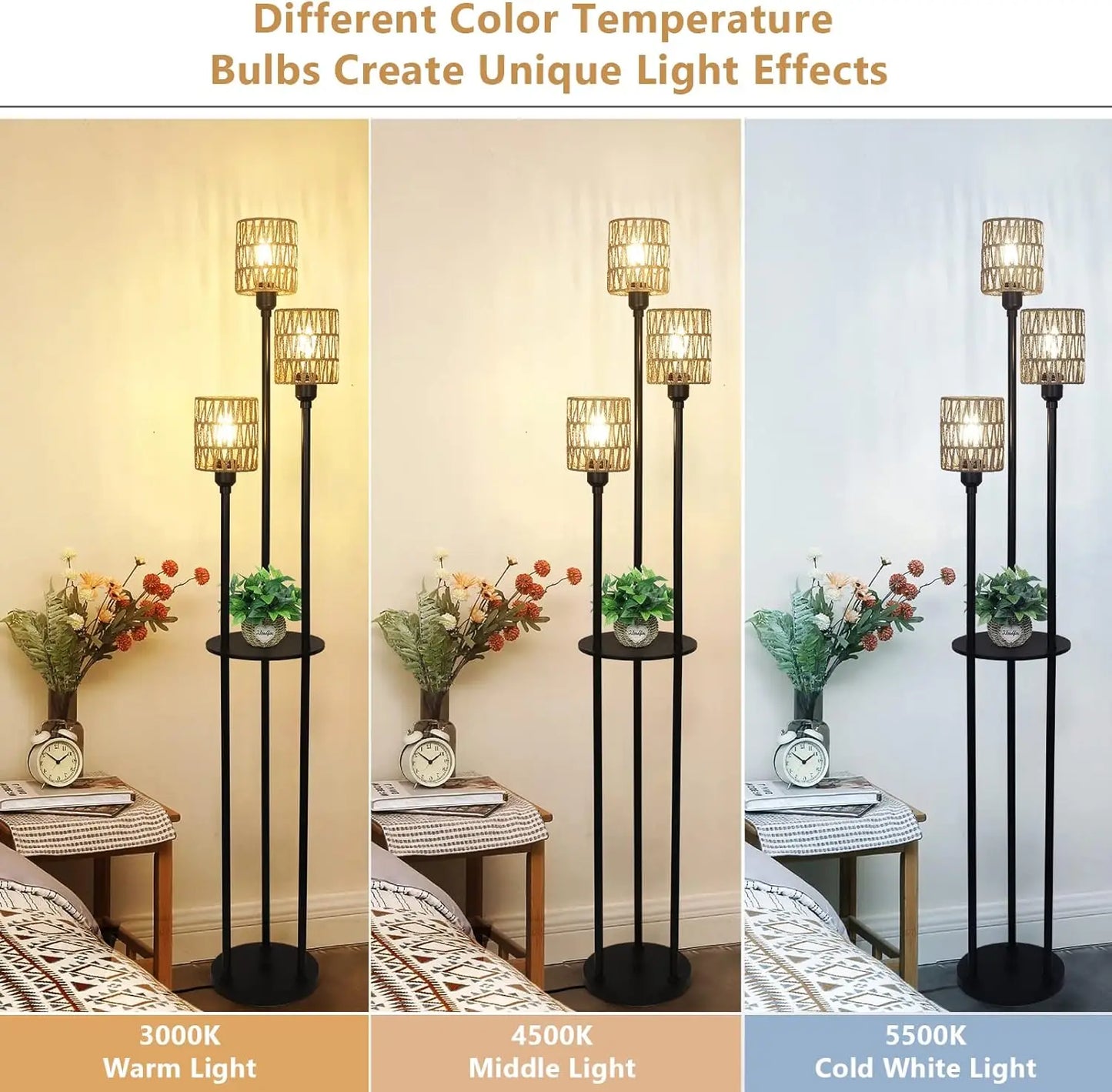 Bohemian style floor lamp with shelf, farmhouse rustic rattan standing lamp, suitable for living room, bedroom, office.