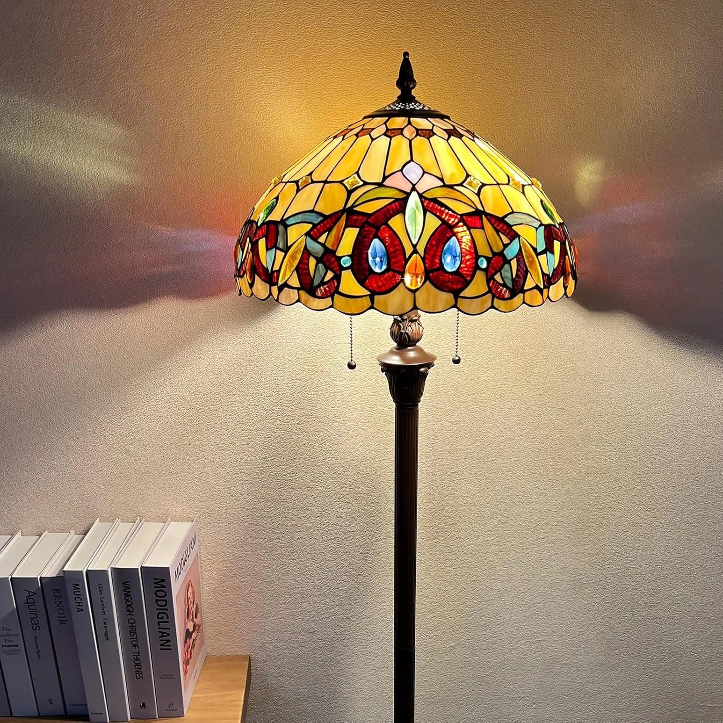 Floor Lamp 2-Light Antique Victorian Cream Brown Stained Glass Industrial Design