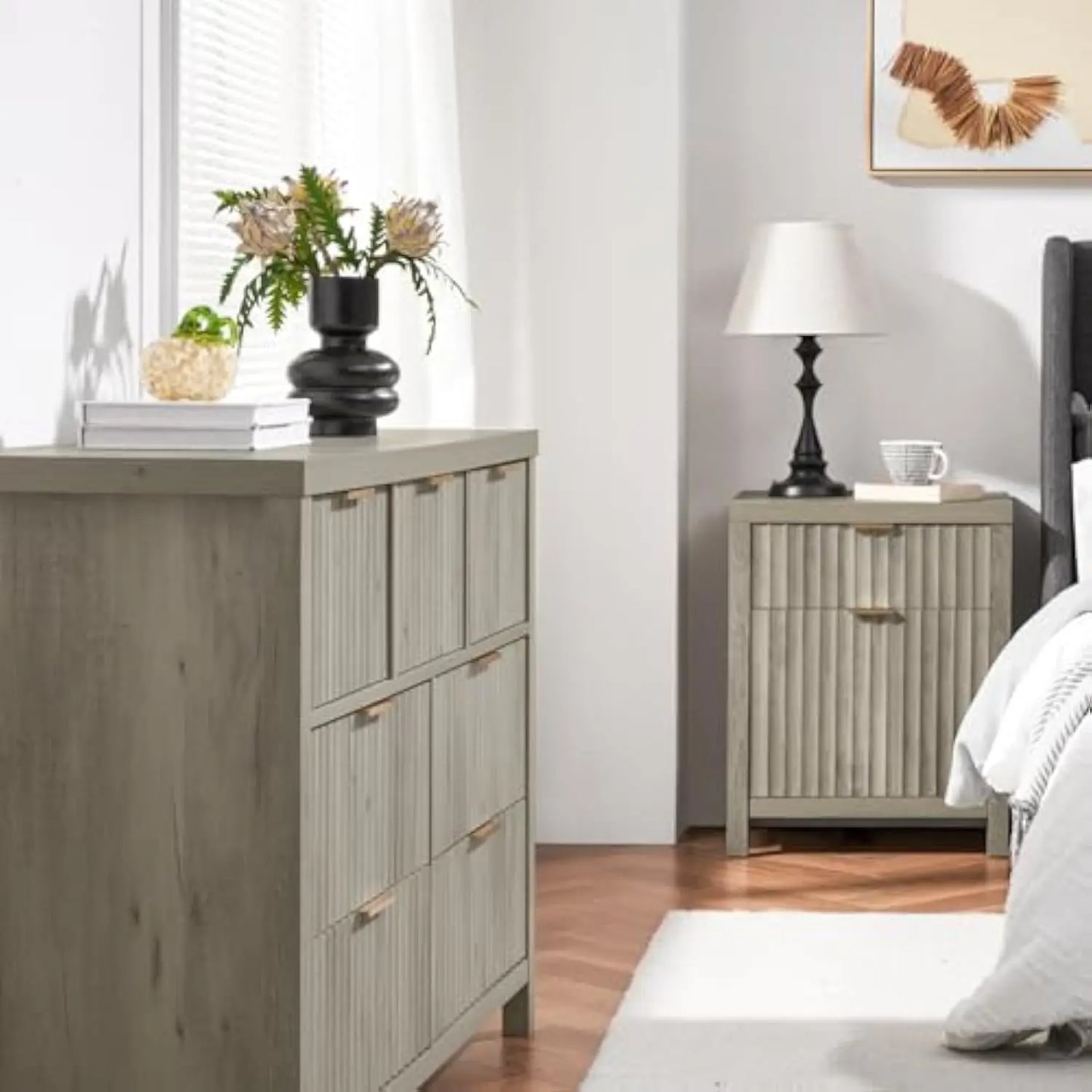 3 Pieces Fluted 7 Drawer Dresser and Nightstand Set with Charging Station Modern Bedroom Furniture Set