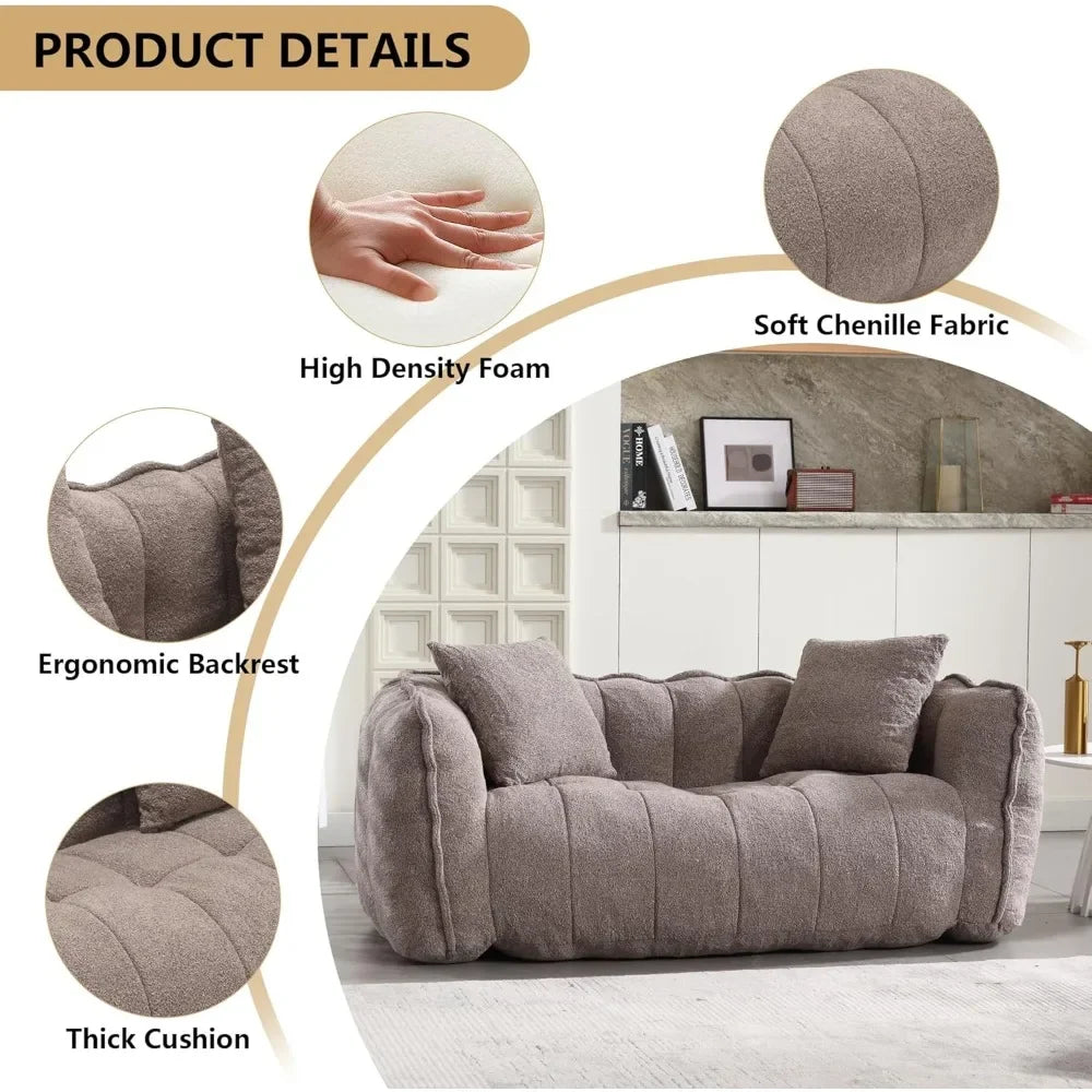 Chenille Upholstered Giant Sofa Foam Filled Floor Loveseat Couch, Accent Bean Bag Couch for Adults, Modern 2 Seater Lazy Sofa fo