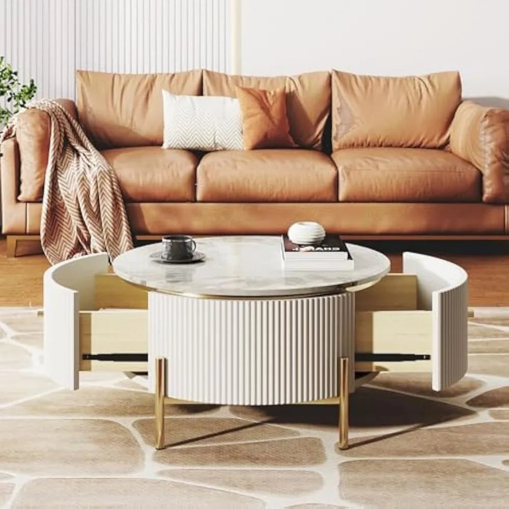 31.5 Inch Round Coffee Table with 2 Large Drawers Modern Marble Pattern and Golden Legs for Elegant Living Room