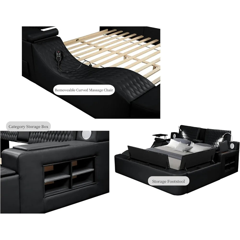 Queen Size Smart Bed Multifunctional Leather Bed Frame with Massage Recliner Upholstered Headboard Modern Luxury Bed Frame