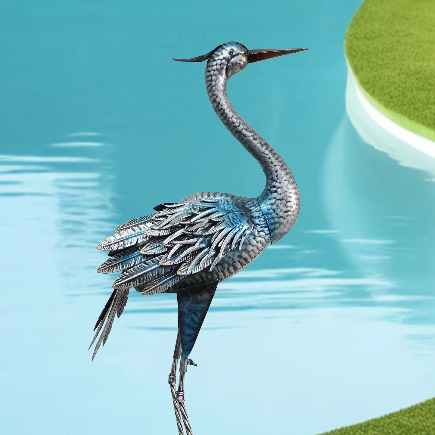 Elegant Blue Heron Metal Garden Statue 40 Inch Sturdy Outdoor Crane Sculpture for Patio and Lawn Decor