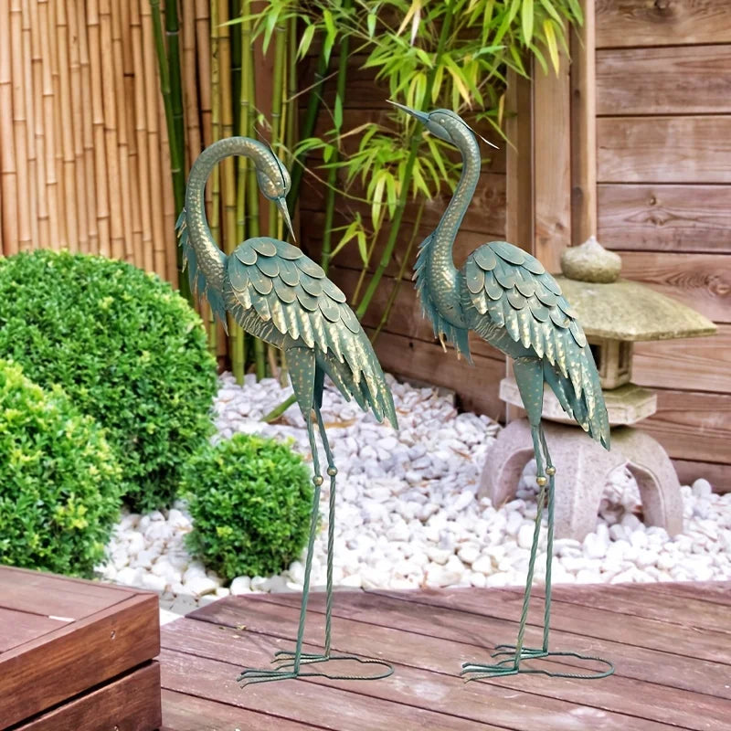 Metal Garden Crane Statues Outdoor Preening Crane Garden Statue Cyan Standing Sculptures For Yard Lawn Pond