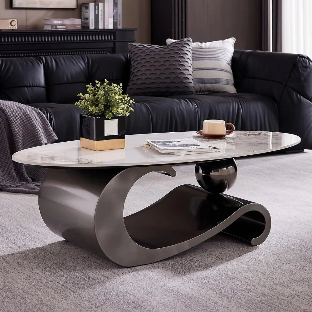 49.2 Inch Modern Oval Marble Coffee Table with Sturdy Metal Base Luxury Living Room Furniture