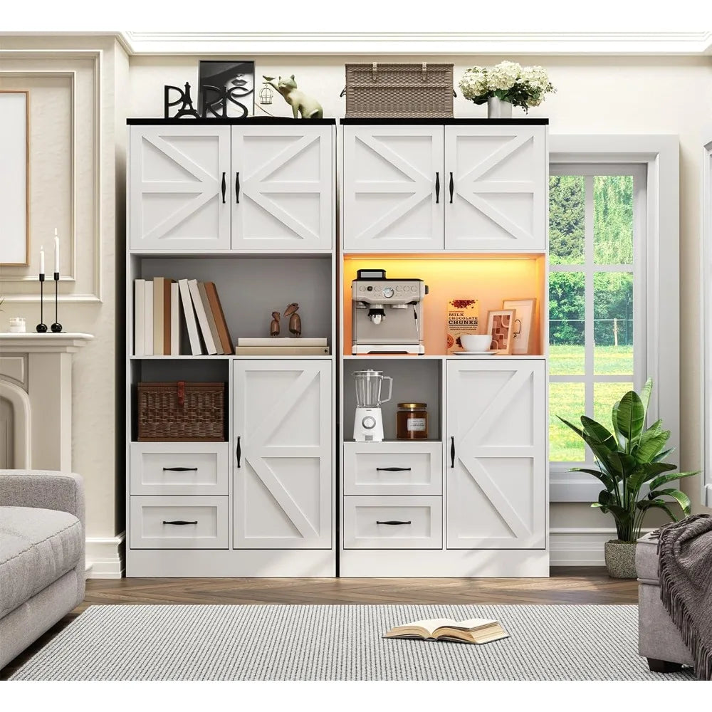 Kitchen Pantry Storage Cabinet with LED Lights and Power Strip Tall Farmhouse Kitchen Pantry with Barn Doors and Drawers