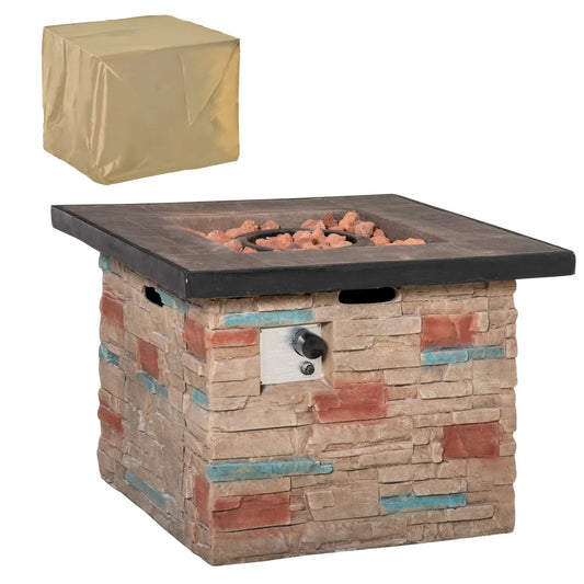 32 Inch Outdoor Propane Gas Fire Pit Table 50000 BTU Auto Ignition Square Faux Ledge Stone Gas Firepit with Lava Rocks