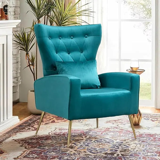 Velvet Accent Arm Chair Mid Century Modern Living Room Chair Wingback Bedroom Side Chair with Gold Legs and Pillow Button Tufted