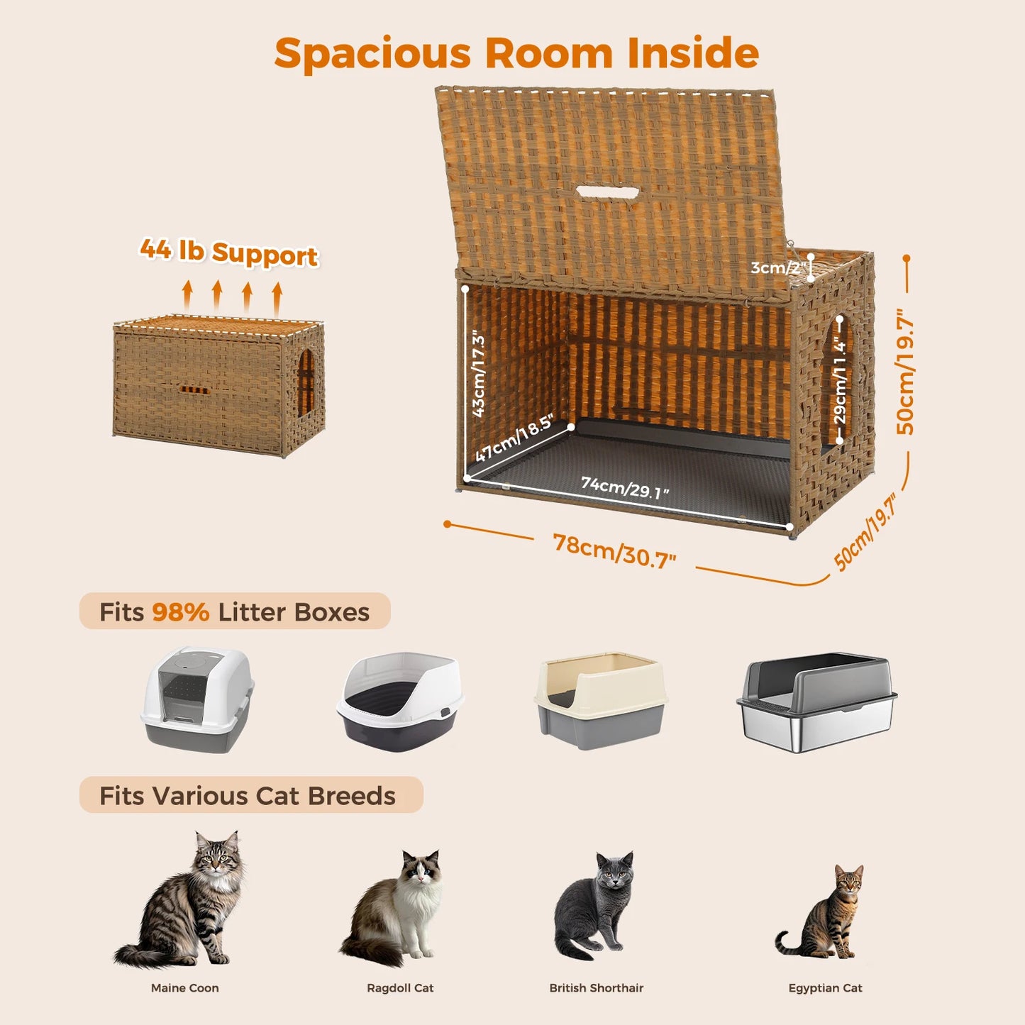 Rattan Cat Litter Box Enclosure Furniture with Door Handwoven Rattan Hidden Litter Box for Living Room Odor Control Cat House Bed