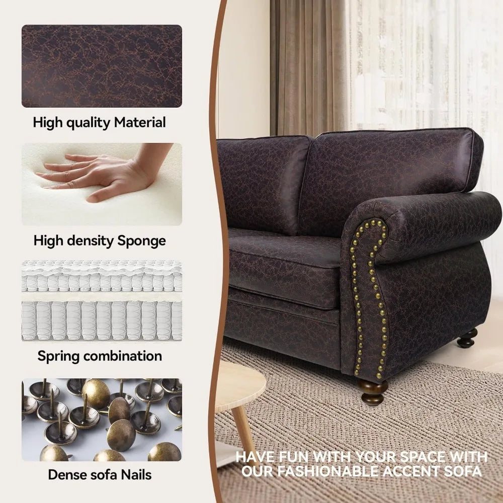 Rivet Couch Living Room Sets Mid Century Couch Solid Wooden Frame Vintage Couches Brown Loveseat and 3 Seater