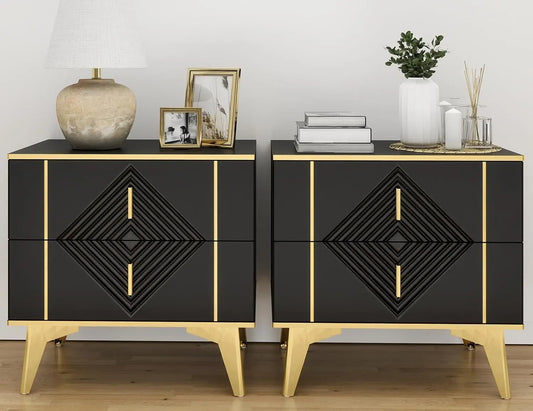 Nightstands Set of 2 Light Luxury Bedside Table with 2 Wood Drawers End Tables with Metal Handles and Metal Legs for Bedroom
