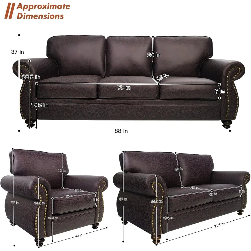 Rivet Couch Living Room Sets Mid Century Couch Solid Wooden Frame Vintage Couches Brown Loveseat and 3 Seater