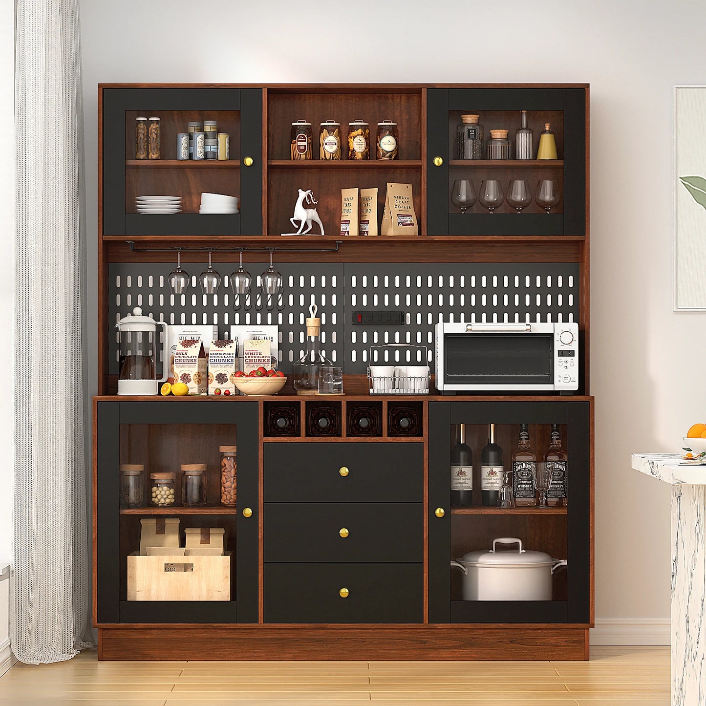 Pantry Cabinet Kitchen Storage Cabinet Freestanding Buffet Hutch with Pegboard Cup Holder Power Outlet Black