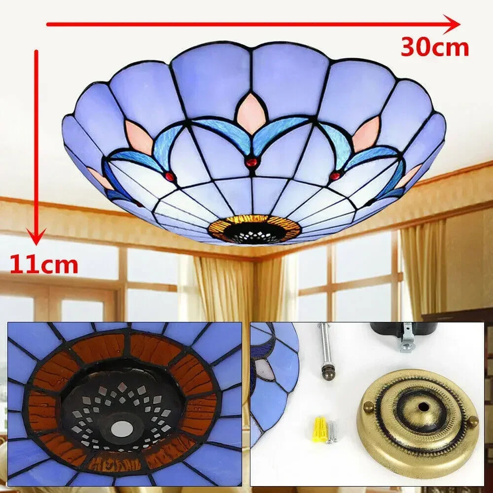 12" Tiffany Style Stained Glass Flush Mount Light, Elegant Vintage Ceiling Lamp for Living Room and Dining Room