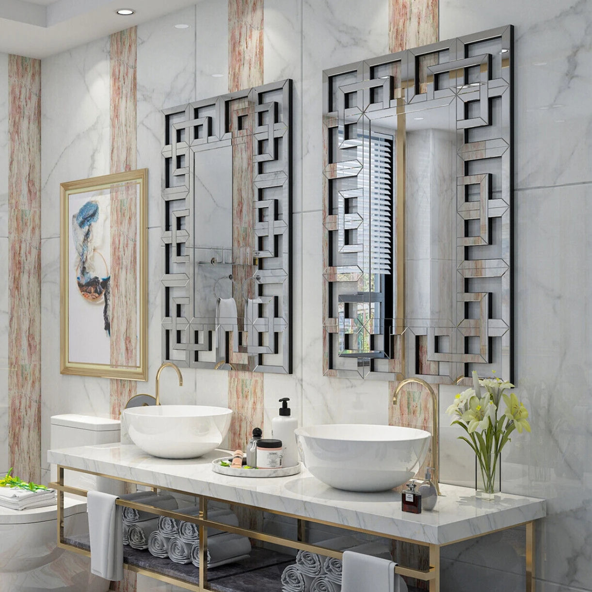 Rectangular Large Wall Mirror Modern Accent Mirror Grecian Venetian Frame Edge Living Room Bathroom Bedroom Decor